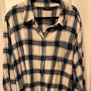 Lane Bryant Cream & Teal Plaid Flannel Boyfriend Shirt 👔 No-Gap Button